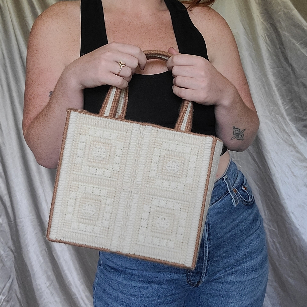 True Vintage Handmade Cotragecore Preppy Granniecore Latte Embriodered Handbag